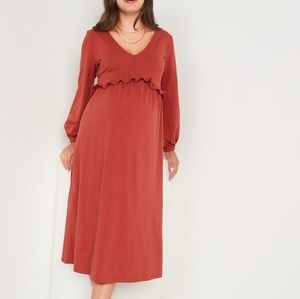 Maternity V-Neck Blouson-Sleeve Midi Swing Dress